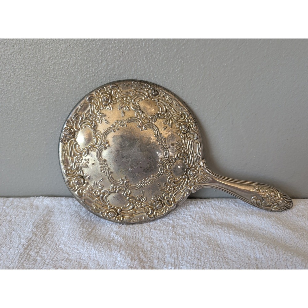 Vintage Silver Plated Hand Held MIRROR Ornate 9.5" Long Vanity Dresser Nouveau